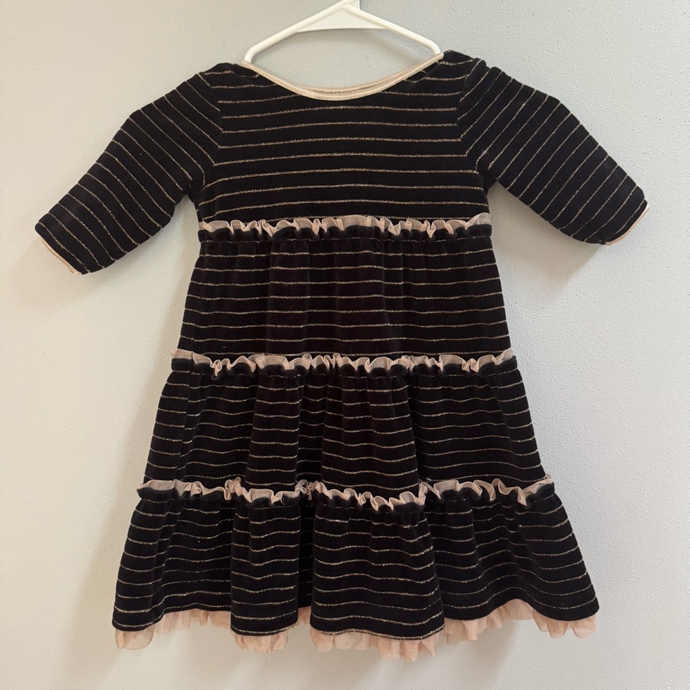 Hanna Andersson Girl Black Velvet Gold Lurex Striped Tiered Ruffle Dress Size 90
